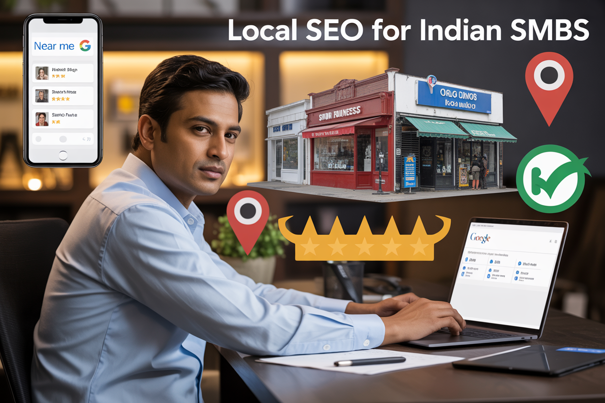 Create a realistic image of an Indian male business owner in his 30s sitting at a modern desk with a laptop displaying Google Business Profile interface, surrounded by visual elements representing local SEO including a smartphone showing "near me" search results, small Indian business storefronts in the background, location pin icons, 5-star review graphics, and NAP (Name, Address, Phone) consistency symbols, with warm professional lighting and the text "Local SEO for Indian SMBs" prominently displayed in the upper portion of the image.