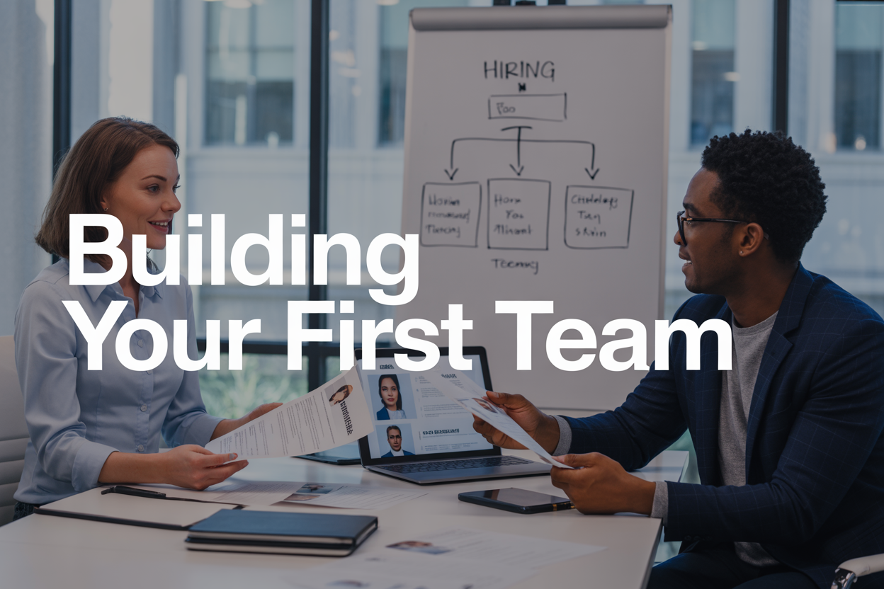 Create a realistic image of a diverse business meeting scene with a white female business owner sitting at a modern conference table reviewing resumes and candidate profiles, alongside a black male HR consultant with a laptop open showing job postings, with a bright office background featuring large windows, professional lighting, and a whiteboard displaying a hiring timeline flowchart, conveying a collaborative and growth-focused atmosphere, with the text "Building Your First Team" prominently displayed in modern sans-serif font overlaying the top portion of the image.