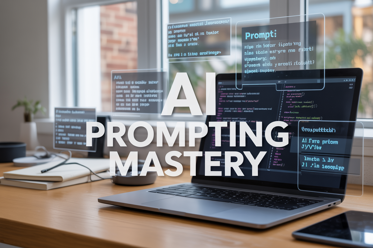 Create a realistic image of a modern workspace with a laptop computer displaying AI interface elements and code snippets on screen, surrounded by floating holographic text bubbles containing prompt examples and AI responses, with a clean white desk surface, soft natural lighting from a window, and the text "AI Prompting Mastery" prominently displayed in bold modern typography overlaying the scene, conveying a professional and educational atmosphere about artificial intelligence and prompt engineering.