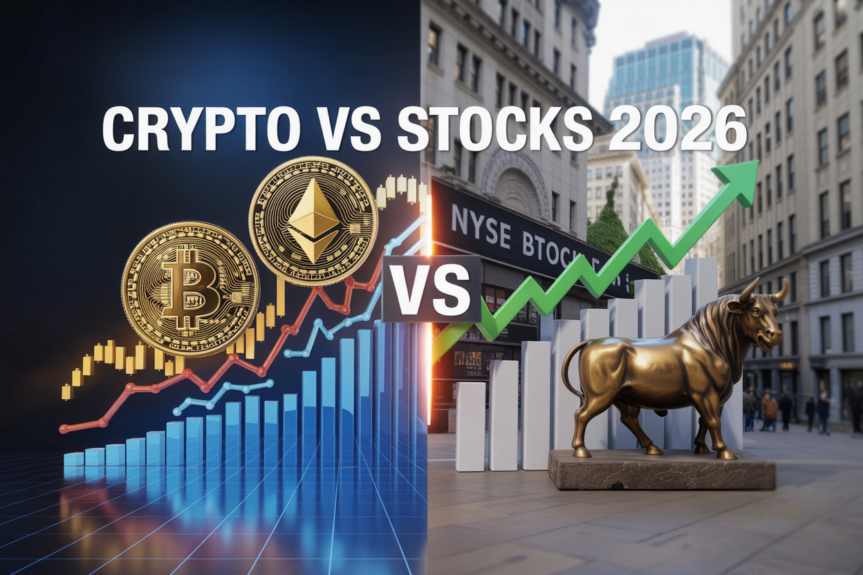 Create a realistic image of a split-screen comparison showing cryptocurrency symbols (Bitcoin, Ethereum logos) on the left side with upward trending digital charts in blue and gold colors, and traditional stock market elements (NYSE building, stock certificates, bull statue) on the right side with green ascending graphs, featuring a middle dividing line with "VS" text, include the text "CRYPTO VS STOCKS 2026" prominently displayed across the top, set against a modern financial backdrop with soft lighting that emphasizes both digital and traditional investment worlds.