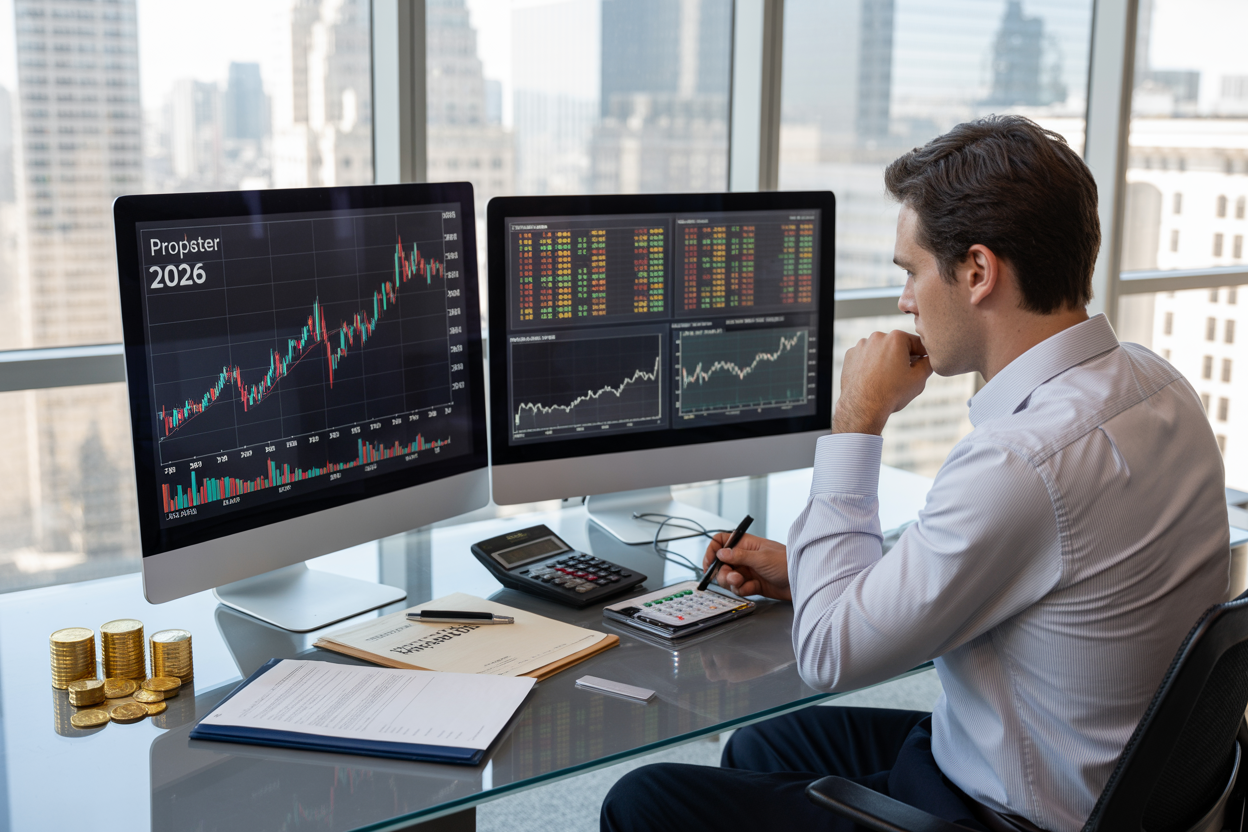 Create a realistic image of a modern financial analysis workspace featuring dual computer monitors displaying cryptocurrency and stock market charts with upward trending profit graphs for 2026, a professional white male analyst in business attire studying the data, calculator and financial documents scattered on a sleek desk, floor-to-ceiling windows showing a city skyline in the background, bright natural lighting creating a focused and analytical atmosphere, with gold coins and stock certificates as complementary elements on the desk surface, absolutely NO text should be in the scene.