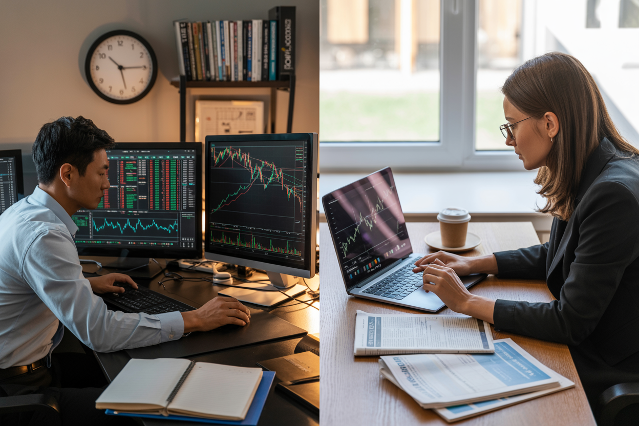 Create a realistic image of a split-screen composition showing two different learning environments: on the left side, a focused Asian male trader sitting at a desk with multiple computer monitors displaying colorful cryptocurrency charts and trading interfaces, surrounded by financial books and notebooks, with a clock on the wall showing late hours; on the right side, a concentrated white female investor at a clean workspace with a single laptop displaying traditional stock market graphs, financial newspapers spread nearby, and a coffee cup, with natural daylight streaming through a window, both scenes emphasizing the contrast between intensive crypto learning versus traditional stock market education, professional office atmosphere, warm ambient lighting, absolutely NO text should be in the scene.