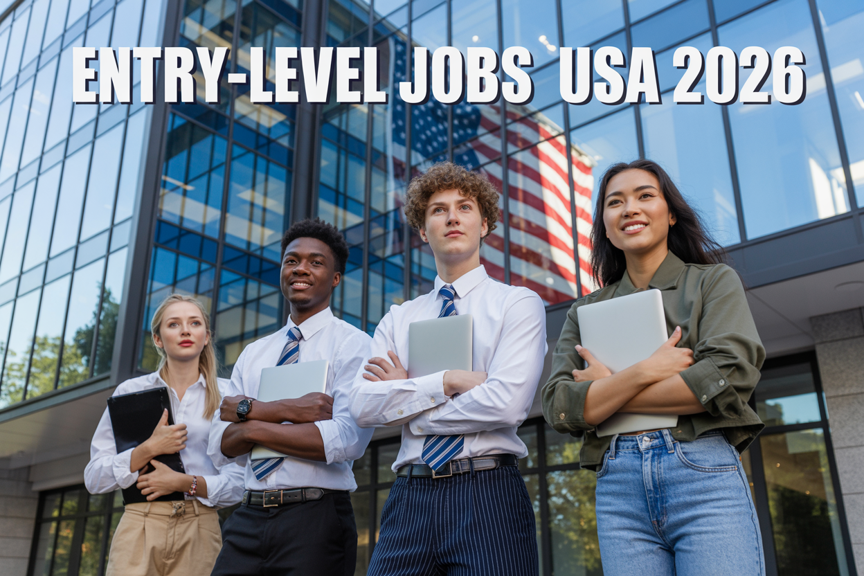 Create a realistic image of a diverse group of young professionals including a white female, black male, and Asian female standing confidently in front of a modern office building with glass windows reflecting the American flag, holding documents and laptops, with a bright daylight setting conveying opportunity and success, and overlay text reading "Entry-Level Jobs USA 2026" in bold modern font at the top of the image.