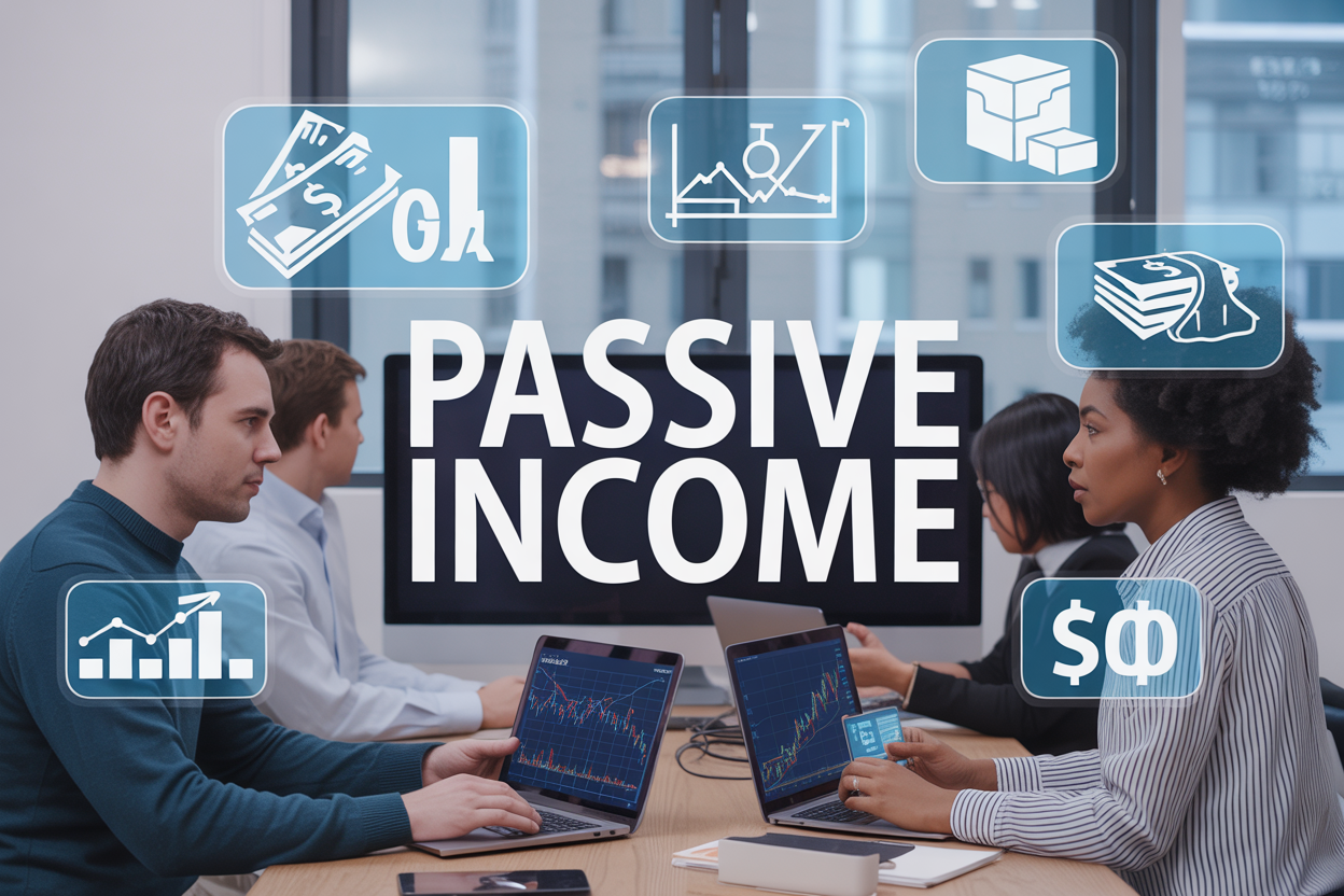 Create a realistic image of a modern workspace featuring a diverse group including a white male and black female sitting at laptops with financial charts and graphs displayed on computer screens, surrounded by floating digital icons representing money, investment symbols, and passive income streams, set against a clean office background with natural lighting, and include the text "PASSIVE INCOME" prominently displayed in bold, modern typography.