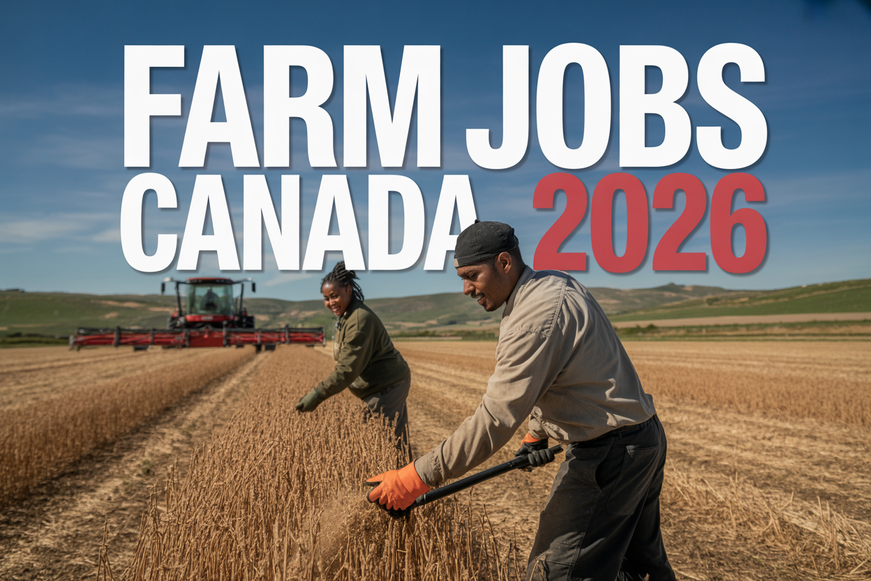 Create a realistic image of diverse farm workers including a white male and black female wearing work clothes and safety gear harvesting crops in a vast Canadian agricultural field with modern farm equipment in the background, rolling hills and clear blue sky, golden hour lighting creating a warm productive atmosphere, with bold text overlay reading "Farm Jobs Canada 2026" prominently displayed across the top portion of the image.