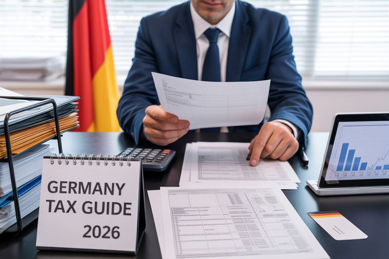 Create a realistic image of a modern office setting with a white male professional in business attire sitting at a desk reviewing tax documents and German paperwork, with a calculator and laptop displaying financial charts, the German flag subtly visible in the background, complemented by stacks of organized tax forms and a calendar showing 2026, featuring the text "Germany Tax Guide 2026" prominently displayed, with clean professional lighting and a focused, analytical atmosphere.