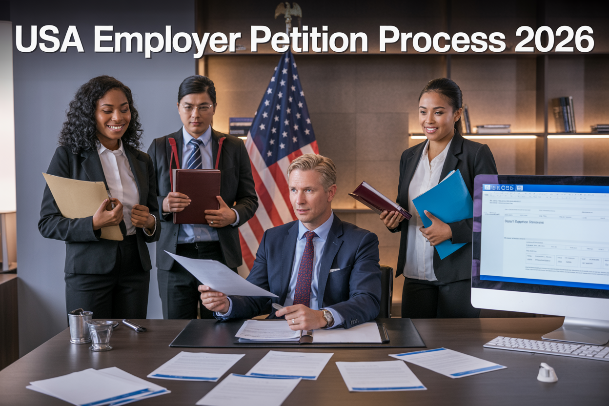 Create a realistic image of a modern office setting with a white male HR manager in a business suit sitting at a desk reviewing immigration documents and forms, with a diverse group of professional foreign workers (including a Black female, Asian male, and Hispanic female) standing nearby holding folders and passports, an American flag positioned in the background, official government petition forms spread across the desk, a computer screen displaying "USCIS" website, warm professional lighting, and the text "USA Employer Petition Process 2026" prominently displayed at the top of the image.