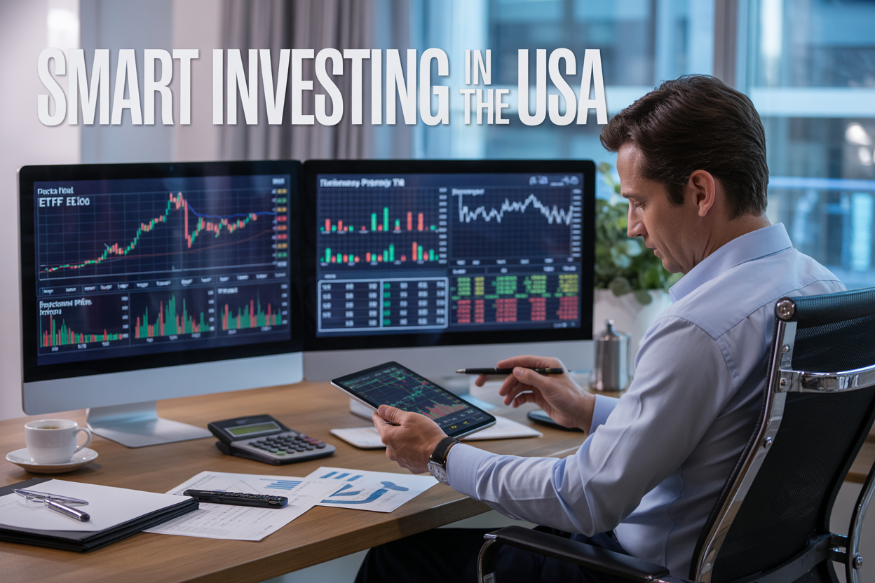Create a realistic image of a modern financial workspace featuring a sleek desk with multiple monitors displaying colorful stock charts, ETF performance graphs, cryptocurrency price charts, and retirement planning calculators, with a white male professional in business attire analyzing data on a tablet, surrounded by financial documents, a calculator, and coffee cup, set against a contemporary office background with soft natural lighting from large windows, including the text "Smart Investing in the USA" prominently displayed as an elegant overlay.