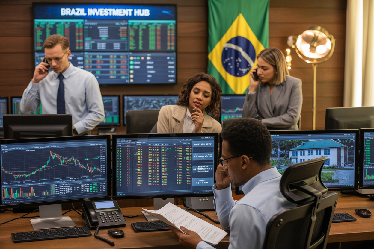 Create a realistic image of a modern Brazilian financial trading floor with multiple computer monitors displaying stock charts, cryptocurrency prices, forex rates, and real estate listings, featuring a diverse group of professionals including a white male trader analyzing charts, a black female investor reviewing documents, and a mixed-race male professional on a phone call, with the Brazilian flag subtly visible in the background, warm professional lighting, and the text "Brazil Investment Hub" prominently displayed on a digital screen in the scene.