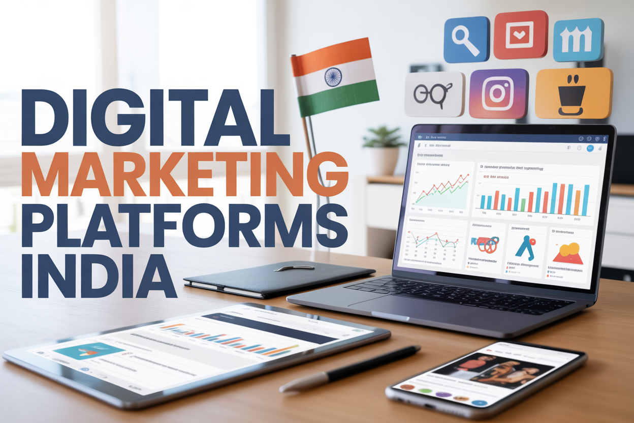 Create a realistic image of a modern office desk setup with a laptop displaying colorful digital marketing dashboard graphs and analytics, smartphone showing social media ads, tablet with e-commerce platform interface, Indian flag small pin on desk, marketing campaign icons floating above devices including search engine, social media, and shopping symbols, clean white background with soft natural lighting, and bold text overlay reading "Digital Marketing Platforms India" in modern blue and orange typography.