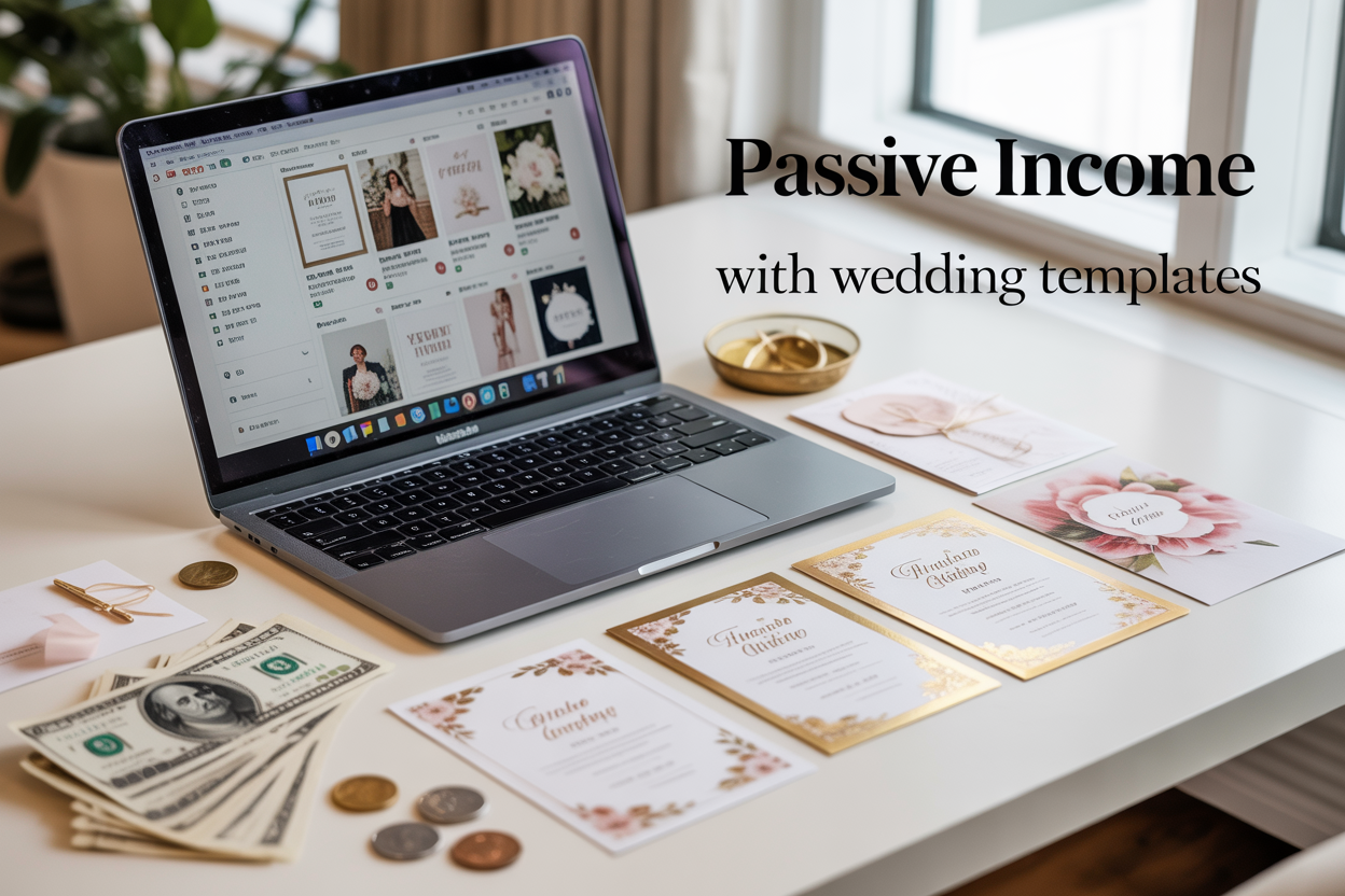 Create a realistic image of a modern laptop computer displaying an Etsy shop interface with wedding invitation templates on the screen, surrounded by elegant wedding stationery samples including floral invitation cards and gold foil designs on a clean white desk, with scattered dollar bills and coins nearby representing income, soft natural lighting from a window, and the text "Passive Income with Wedding Templates" elegantly overlaid on the image.