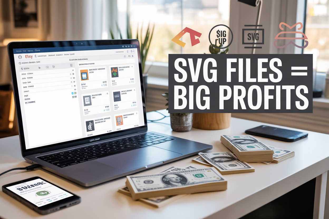 Create a realistic image of a modern home office desk with a laptop displaying an Etsy shop interface showing SVG file listings, stacks of one dollar bills scattered around the workspace, a smartphone showing a six-figure revenue dashboard, digital design elements floating above the screen including geometric SVG graphics and icons, warm natural lighting from a window, and bold text overlay reading "SVG FILES = BIG PROFITS" in modern typography, with a clean white background and professional entrepreneurial atmosphere.