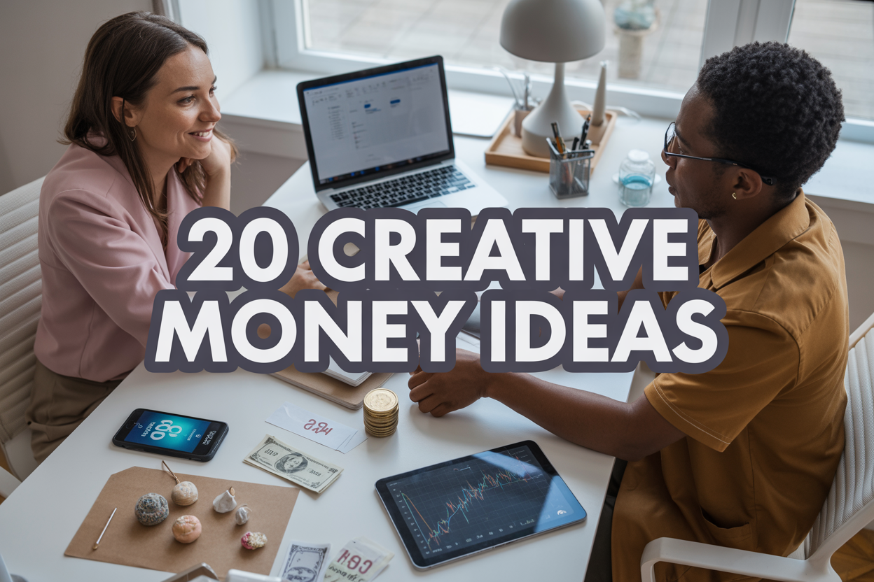 Create a realistic image of a diverse workspace scene featuring a white female and black male sitting at a modern desk with multiple income streams represented around them: a laptop displaying freelance work, smartphone showing a gig economy app, investment charts on a tablet, handmade crafts, and cash/coins scattered on the desk, with bright natural lighting from a window, professional yet creative atmosphere, and the text "20 Creative Money Ideas" prominently displayed in bold, modern font overlay.