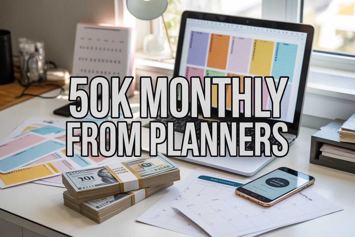 Create a realistic image of a modern workspace with a laptop displaying colorful planner templates on the screen, stacks of money ($50,000 in bills) arranged around the laptop, a smartphone showing sales notifications, scattered planner designs and calendars on a white desk, soft natural lighting from a window, with the text "50K Monthly From Planners" prominently displayed in bold modern font overlaying the scene, conveying success and prosperity in the digital template selling business.