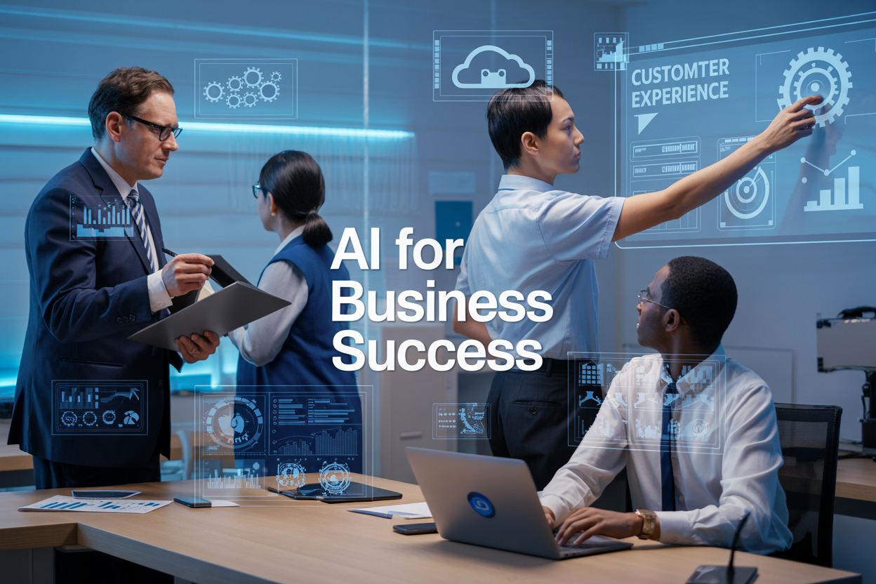 Create a realistic image of a modern corporate office environment with multiple interconnected digital screens displaying AI analytics dashboards, cloud computing icons, and automation workflows, featuring a diverse team of professionals including a white male executive in a suit analyzing data charts, an Asian female data scientist working on a laptop, and a black male manager pointing at AI-powered customer experience metrics on a large wall-mounted display, with floating holographic elements showing gears, neural network patterns, and cloud symbols, illuminated by soft blue LED lighting that creates a high-tech atmosphere, with the text "AI for Business Success" prominently displayed in clean, modern typography overlaid on the scene.