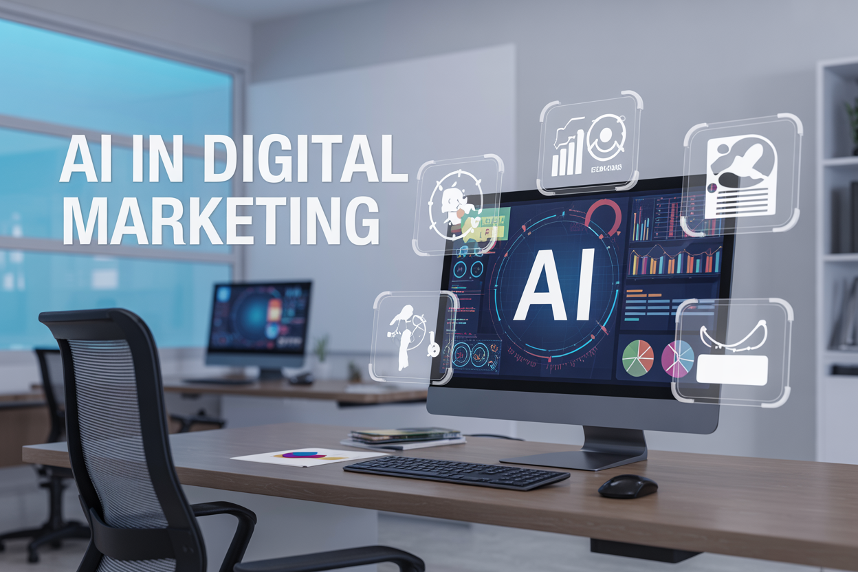 Create a realistic image of a modern professional workspace featuring a sleek computer monitor displaying colorful data analytics dashboards and AI interface elements, with floating holographic icons representing marketing tools like graphs, customer profiles, AI in digital marketing and campaign metrics, set against a clean office background with soft blue lighting, and include the text "AI in digital marketing, AI in digital marketing" prominently displayed in the upper portion of the image in modern sans-serif font for AI in digital marketing