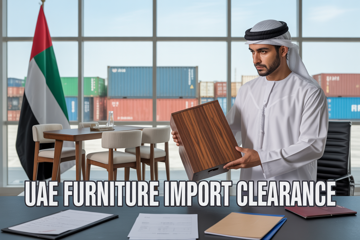 Create a realistic image of a modern UAE customs office with a Middle Eastern male customs officer in traditional white kandura examining furniture items including a wooden dining table and upholstered chairs, with UAE flag visible in the background, official customs documents and forms scattered on a desk, shipping containers and import cargo visible through large windows, professional lighting creating a clean business atmosphere, and bold text overlay reading "UAE Furniture Import Clearance" in the foreground.