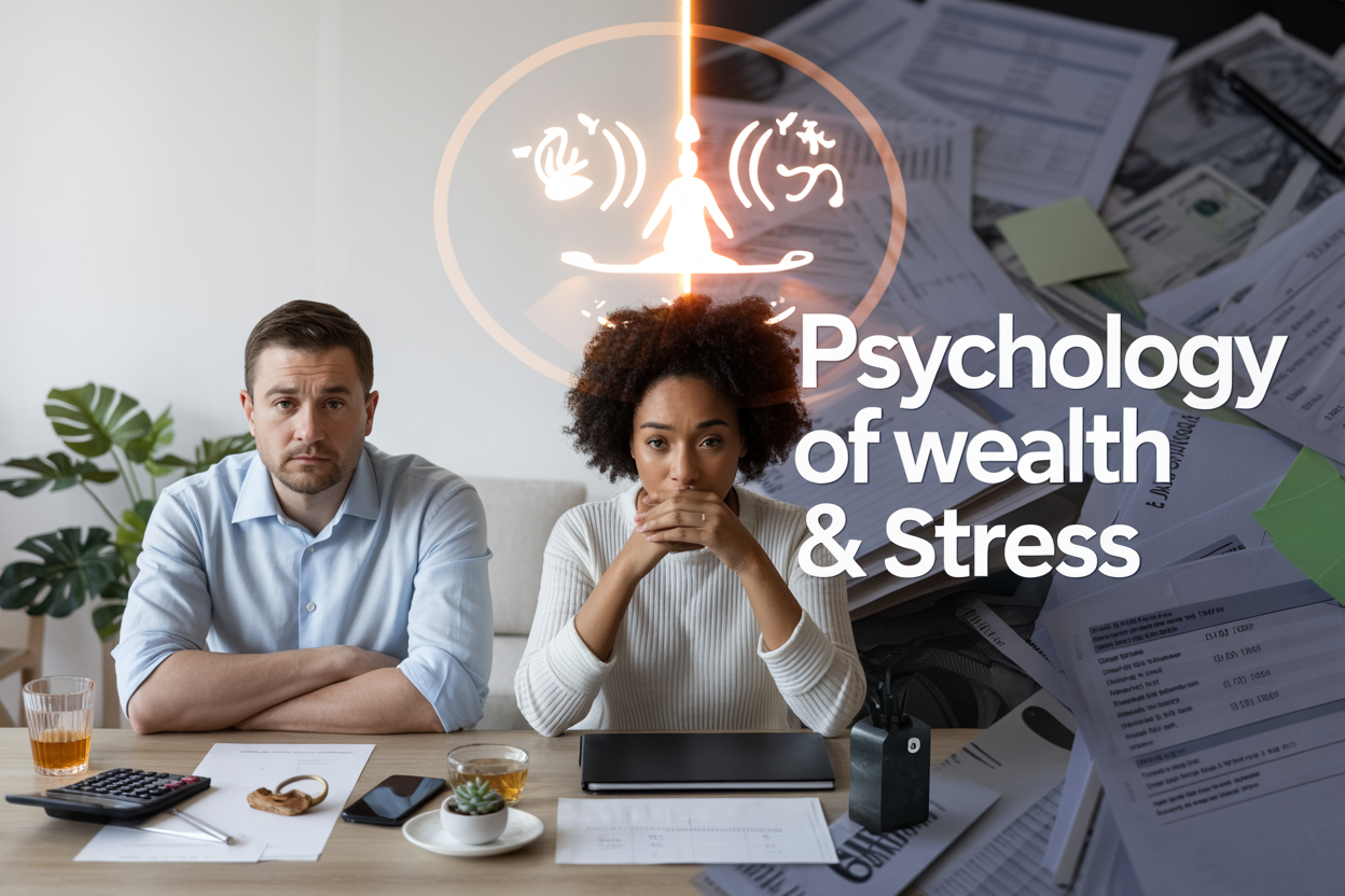 Create a realistic image of a diverse group showing a white male and black female sitting at a modern wooden table with financial documents, calculator, and stress-relief items like a plant and tea cup, split lighting showing bright calm area with meditation symbols on one side and darker stressful area with money bills and graphs on the other side, with the text "Psychology of Wealth & Stress" overlaid in clean modern font, conveying the contrast between financial anxiety and mental wellness in a contemporary office or home setting.