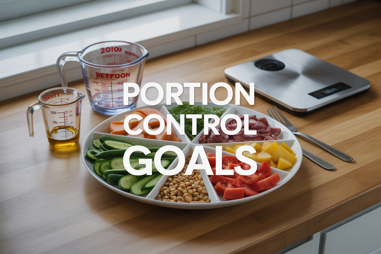 Create a realistic image of a clean white dinner plate divided into balanced portions with colorful fresh vegetables, lean protein, and whole grains, accompanied by measuring cups and a food scale on a light wooden kitchen counter, with soft natural lighting from a window, and overlay text reading "Portion Control Goals" in modern sans-serif font.