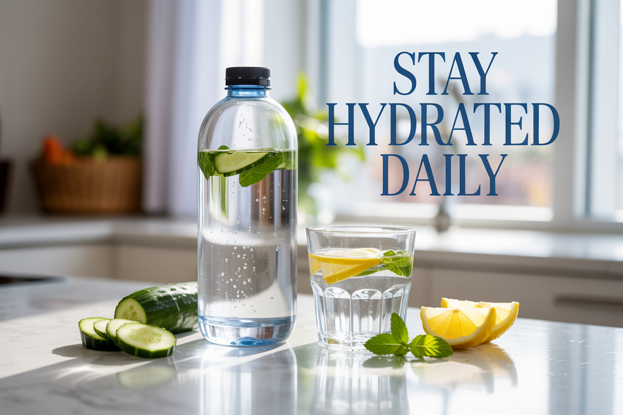 Create a realistic image of a clear glass water bottle and a filled transparent glass on a clean white marble countertop, with fresh water droplets visible on both containers, surrounded by sliced cucumbers, lemon wedges, and mint leaves, with soft natural lighting from a window creating gentle shadows, and the text "Stay Hydrated Daily" elegantly displayed in modern blue typography floating above the scene.