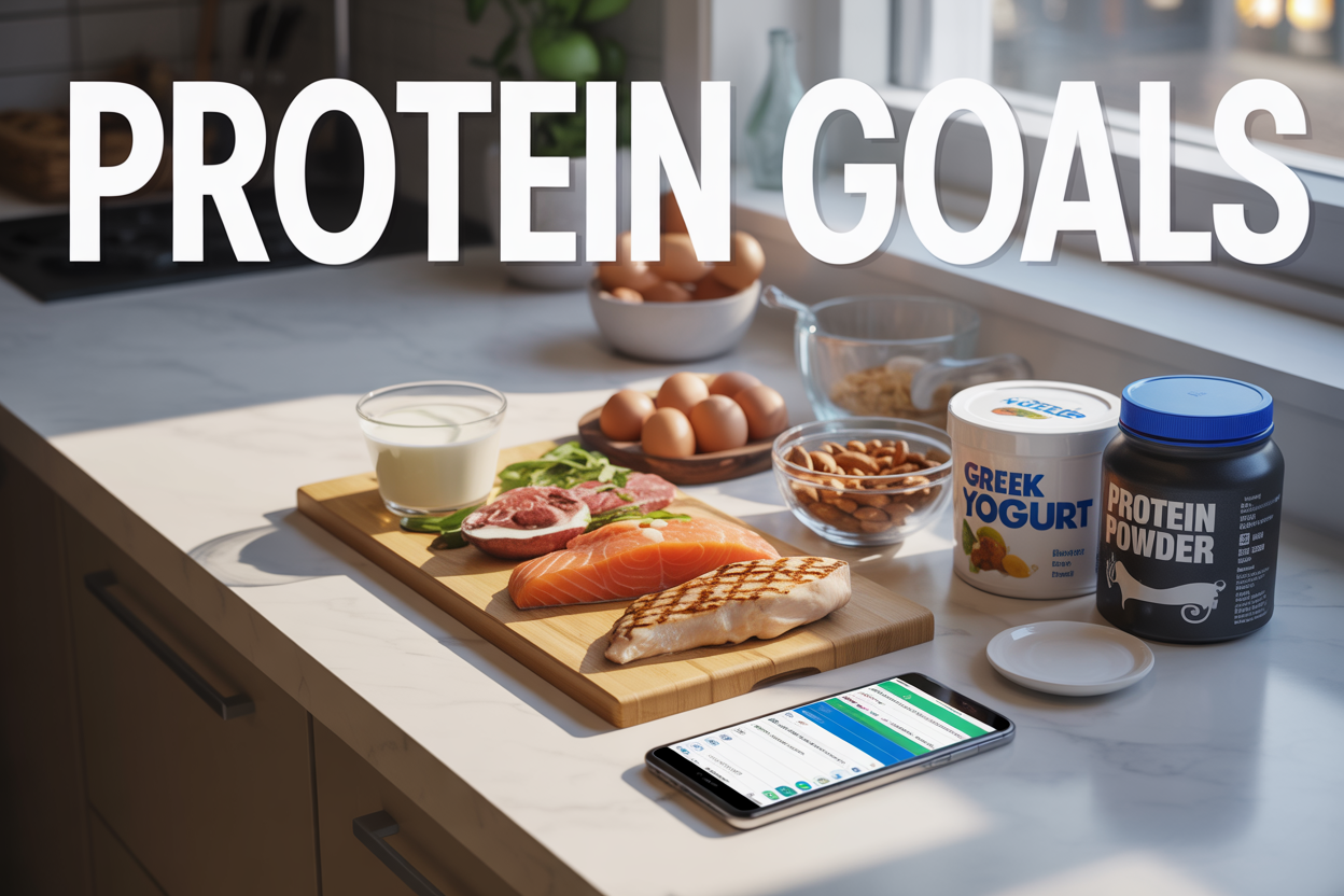 Create a realistic image of a clean, modern kitchen counter with various high-quality protein sources artfully arranged including grilled chicken breast, salmon fillet, eggs, Greek yogurt, nuts, and protein powder container, with a smartphone displaying a nutrition tracking app in the foreground, soft natural lighting from a window, and the text "PROTEIN GOALS" overlaid in bold, clean typography at the top of the image.