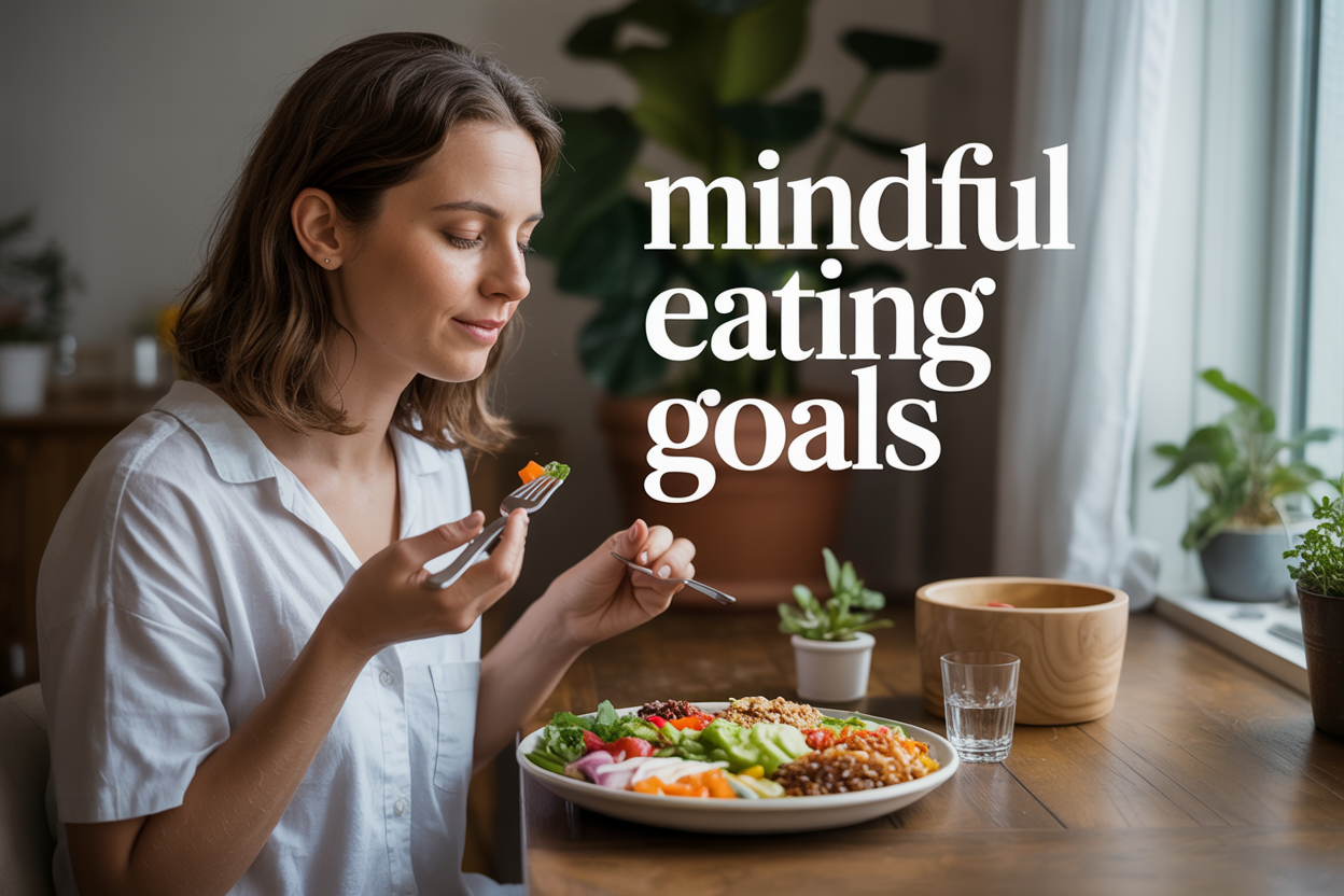 Create a realistic image of a serene dining scene with a white female sitting at a wooden table, mindfully eating a colorful, balanced meal with fresh vegetables, grains, and protein, her hands positioned thoughtfully as she savors each bite, surrounded by natural elements like a small potted plant and soft natural lighting from a nearby window, with the text "Mindful Eating Goals" elegantly overlaid in clean, modern typography, capturing a peaceful and intentional atmosphere that conveys awareness and presence during mealtime.