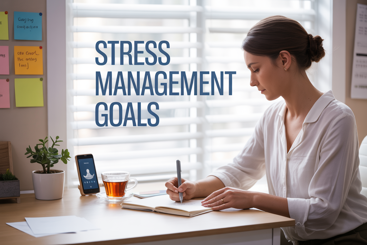 Create a realistic image of a serene workspace scene featuring a white female professional in her 30s sitting at a clean wooden desk, writing in a journal with a peaceful expression, surrounded by stress management elements including a small potted plant, a cup of herbal tea, sticky notes with goal-setting reminders on the wall, a smartphone displaying a meditation app, and soft natural lighting streaming through a window, with the text "Stress Management Goals" elegantly displayed in the upper portion of the image in modern, calming typography.