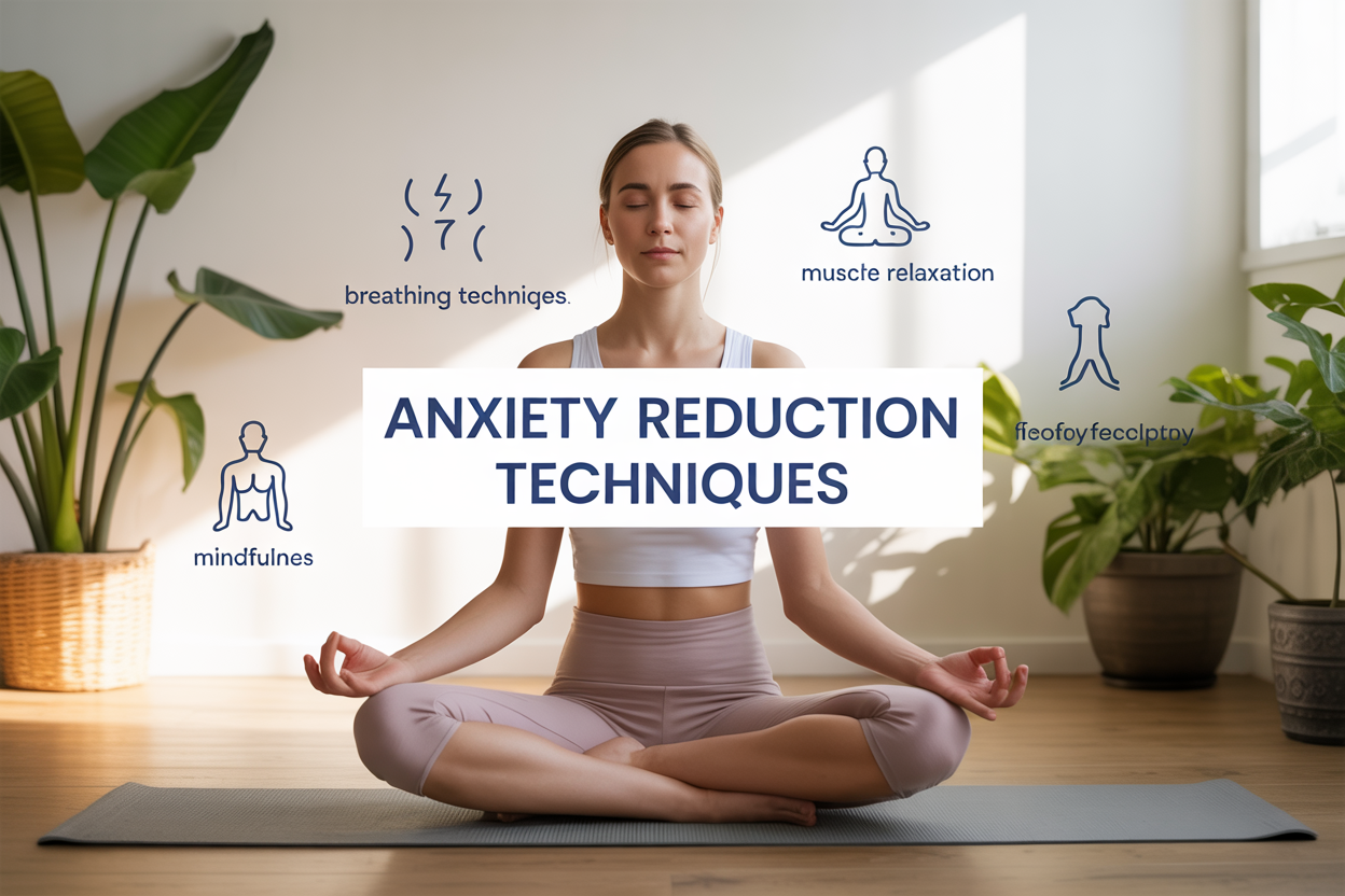 Create a realistic image of a serene white female in her 30s sitting cross-legged in a peaceful meditation pose with eyes gently closed, surrounded by calming elements including soft green plants, a yoga mat, and subtle floating icons representing breathing techniques, muscle relaxation, and mindfulness practices, set against a clean minimalist background with warm natural lighting streaming through a window, with the text "Anxiety Reduction Techniques" elegantly overlaid in calm blue typography.