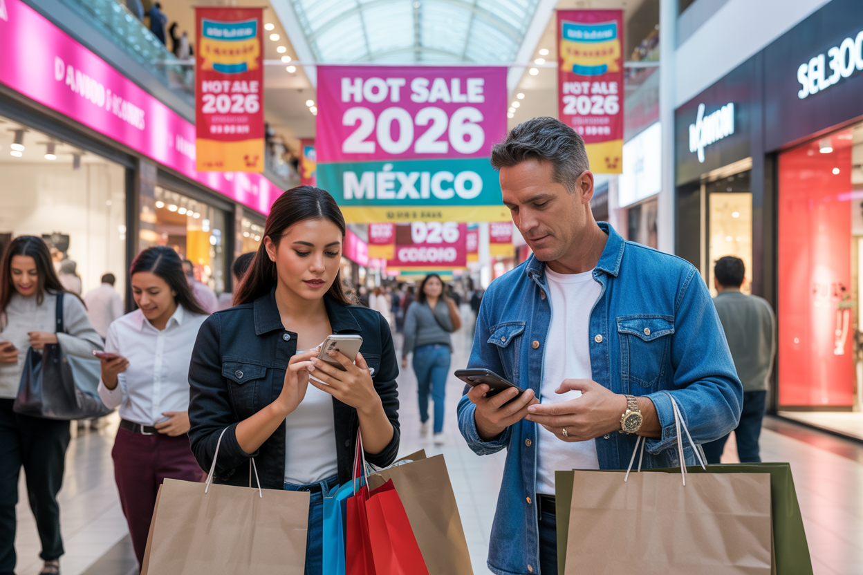 Create a realistic image of a vibrant Mexican shopping scene with colorful "HOT SALE 2026" banners and promotional signs, featuring a diverse group of people including a young Hispanic female and a middle-aged white male looking at their smartphones while shopping, with shopping bags in hand, set against a modern retail mall background with bright store displays showing discount percentages, under warm artificial lighting that creates an energetic shopping atmosphere, with prominent text overlay reading "Hot Sale 2026 México".
