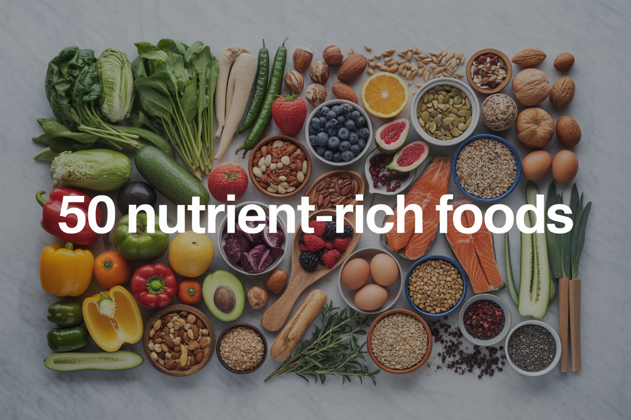 Create a realistic image of a vibrant overhead flat lay of 50 diverse nutrient-rich foods artistically arranged on a clean white marble surface, including colorful vegetables like leafy greens and bell peppers, fresh fruits like berries and citrus, nuts and seeds, lean proteins like salmon and eggs, whole grains, legumes, and herbs and spices, with natural soft lighting casting gentle shadows, and elegant text overlay reading "50 Nutrient-Rich Foods" in modern sans-serif font positioned in the upper portion of the image.