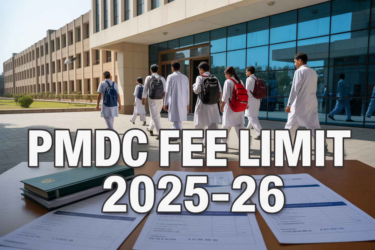 Create a realistic image of a modern Pakistani medical college building with glass windows and institutional architecture, featuring diverse medical students (both male and female of South Asian descent) walking near the entrance carrying books and backpacks, with official PMDC documents and fee structure papers visible on a desk in the foreground, bright daylight illuminating the scene, and bold text overlay reading "PMDC Fee Limit 2025-26" positioned prominently across the image.