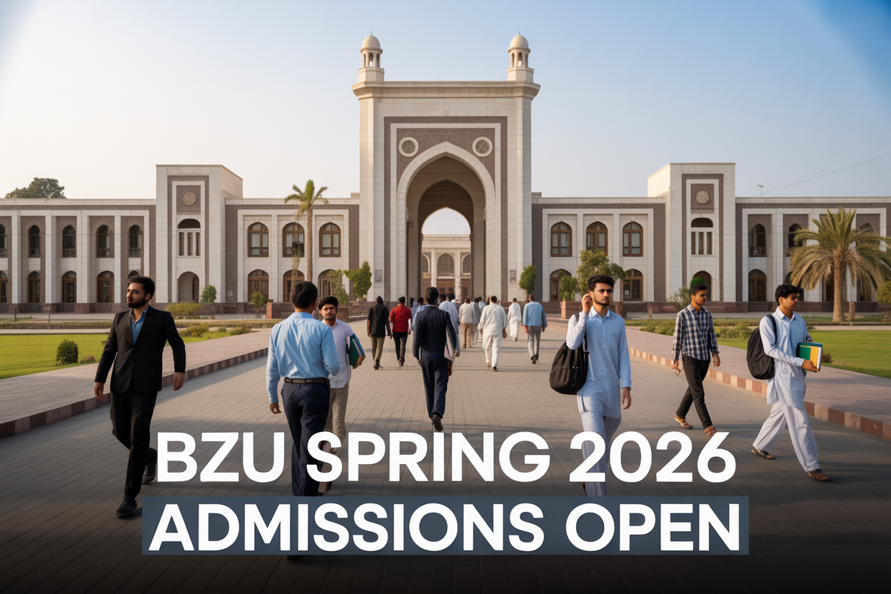 Create a realistic image of the majestic entrance gate and main building of Bahauddin Zakariya University in Multan, Pakistan, featuring modern Islamic architecture with white and beige stone facades, arched doorways, and minarets, with diverse South Asian students (both male and female) walking through the campus carrying books and backpacks, lush green lawns and palm trees in the foreground, clear blue sky in the background, warm golden hour lighting, and bold overlay text reading "BZU SPRING 2026 ADMISSIONS OPEN" in elegant white and blue fonts.