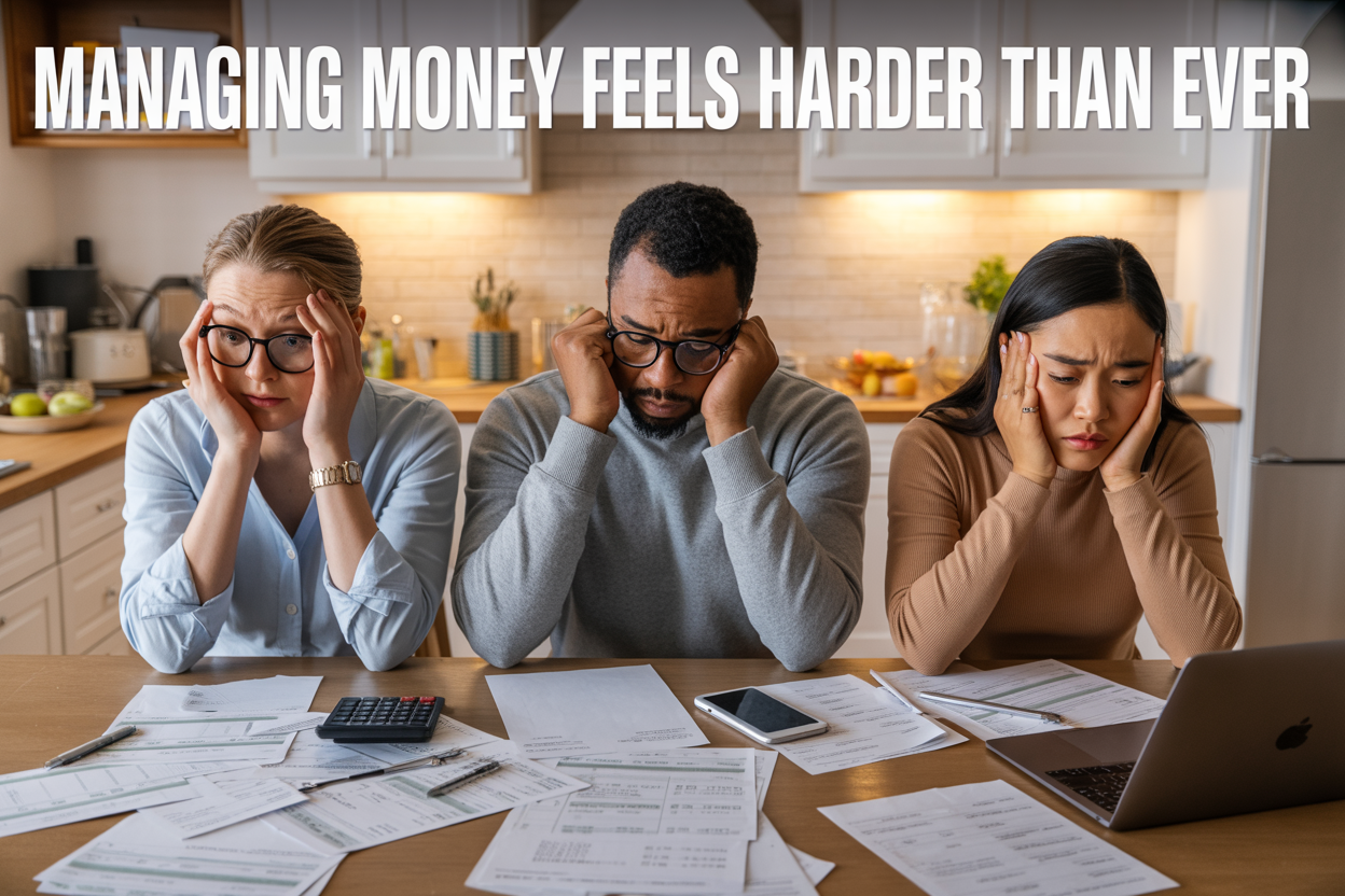Create a realistic image of a diverse group of three people - a white female, a black male, and an Asian female - sitting around a kitchen table covered with financial documents, bills, calculator, smartphone, and laptop, all looking stressed and overwhelmed while reviewing their finances, with the text "Managing Money Feels Harder Than Ever" prominently displayed at the top of the image, set in a modern middle-class home kitchen with warm lighting that contrasts with their concerned expressions, papers scattered showing rising costs and complex financial charts in the background.