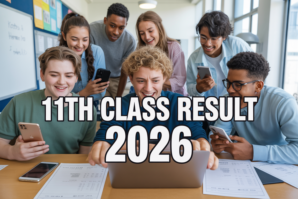 Create a realistic image of a diverse group of high school students (including white, black, and Asian males and females aged 16-17) gathered around laptops and smartphones in a modern classroom, checking their 11th grade results online with expressions of anticipation and excitement, with large bold text overlay reading "11th Class Result 2026" in white letters, bright natural lighting from windows, academic certificates and grade sheets visible on desks, modern educational setting with whiteboards and motivational posters in the background.