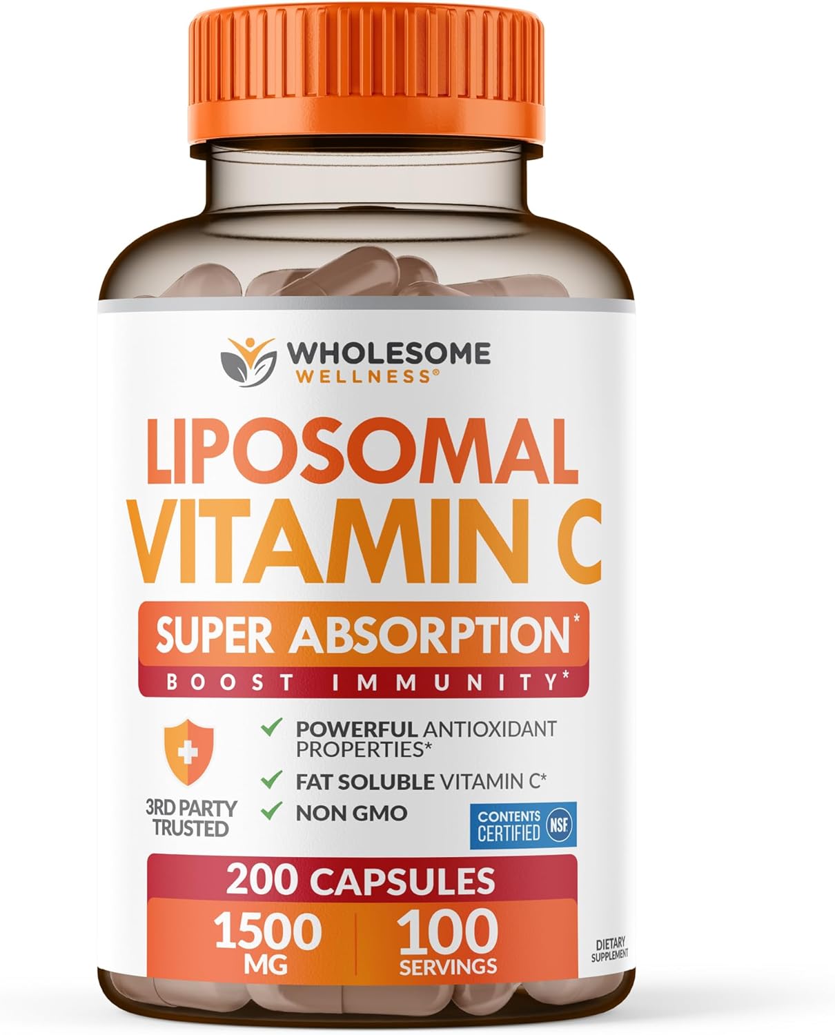 Liposomal Vitamin C - 200 Capsules 1500mg - Natural High Absorption Ascorbic Acid - Supports Immune System and Collagen Booster - Powerful Antioxidant High Dose Fat Soluble Supplement - Lypo Spheric