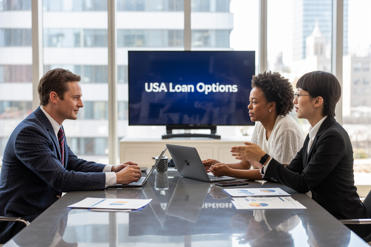 Create a realistic image of a modern financial consultation scene with a diverse group including a white male banker in a suit, a black female client, and an Asian male advisor sitting around a sleek conference table with laptops, loan documents, and financial charts, with a bright professional office background featuring large windows and city views, conveying a trustworthy and accessible atmosphere, with the text "USA LOAN OPTIONS" prominently displayed on a wall-mounted screen behind them, using natural daylight illumination.