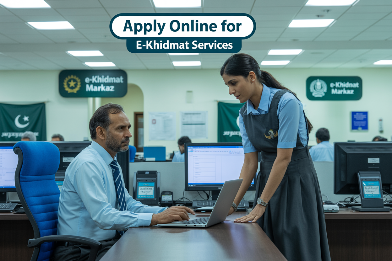 Create a realistic image of a Pakistani government office interior with modern computers and digital service counters, featuring a middle-aged South Asian male citizen sitting at a help desk using a laptop computer while a uniformed South Asian female staff member assists him, with official Pakistani government logos and "e-Khidmat Markaz" signage visible on the walls, bright fluorescent lighting creating a professional administrative atmosphere, and the text "Apply Online for e-Khidmat Services" prominently displayed as an overlay banner.
