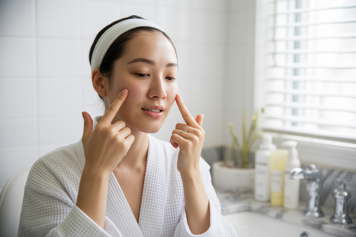 Create a realistic image of a young Asian female with clear, radiant skin performing a gentle facial massage on herself using her fingertips in circular motions on her cheeks and temples, sitting in a bright, clean bathroom with soft natural lighting from a window, wearing a white bathrobe with her hair pulled back in a headband, with skincare products visible on a marble countertop in the background, conveying a peaceful and refreshing self-care moment, absolutely NO text should be in the scene.