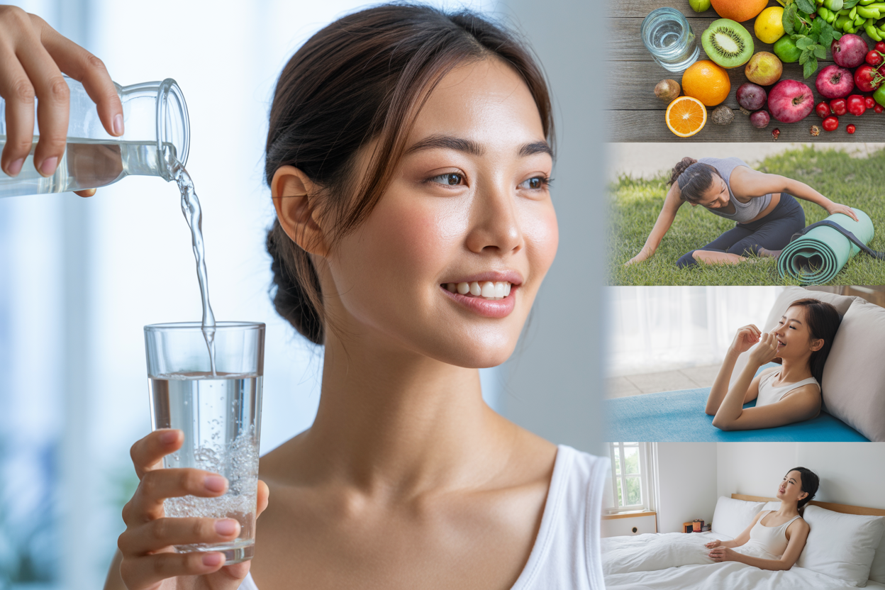 Create a realistic image of a split-screen composition showing healthy lifestyle habits on one side and their effects on skin on the other, featuring a young Asian woman with glowing, radiant skin on the right side, and on the left side showing healthy elements like fresh water being poured into a glass, colorful fresh fruits and vegetables, a yoga mat with exercise equipment, and a peaceful sleep scene with soft pillows, all set against a clean, bright background with natural lighting that emphasizes the connection between healthy habits and beautiful skin, absolutely NO text should be in the scene.