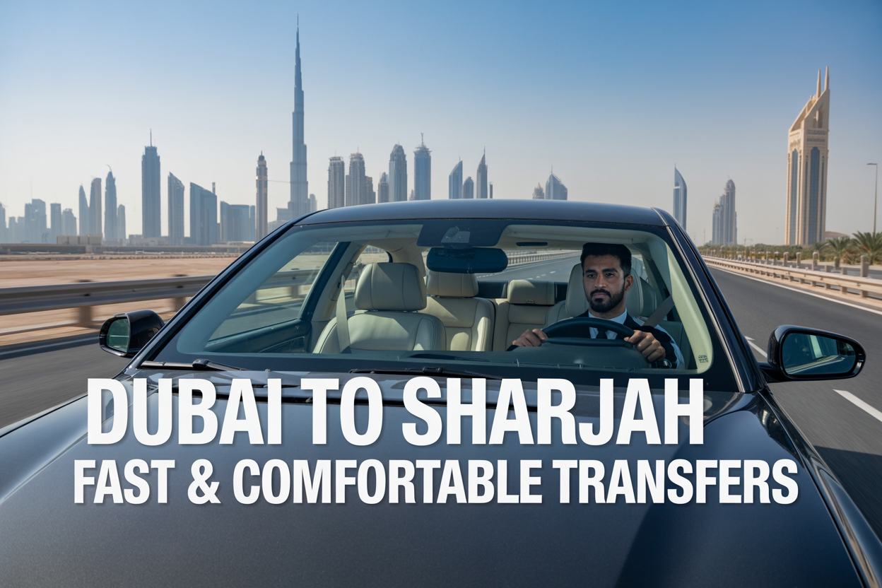 Create a realistic image of a modern luxury sedan driving on a smooth highway with Dubai's iconic skyline featuring Burj Khalifa in the background and Sharjah's architectural landmarks visible in the distance, showing a professional Middle Eastern male driver in formal attire, with the car's interior displaying premium leather seats and modern amenities, under bright daylight with clear blue skies, and overlay text reading "Dubai to Sharjah - Fast & Comfortable Transfers" in bold modern font.