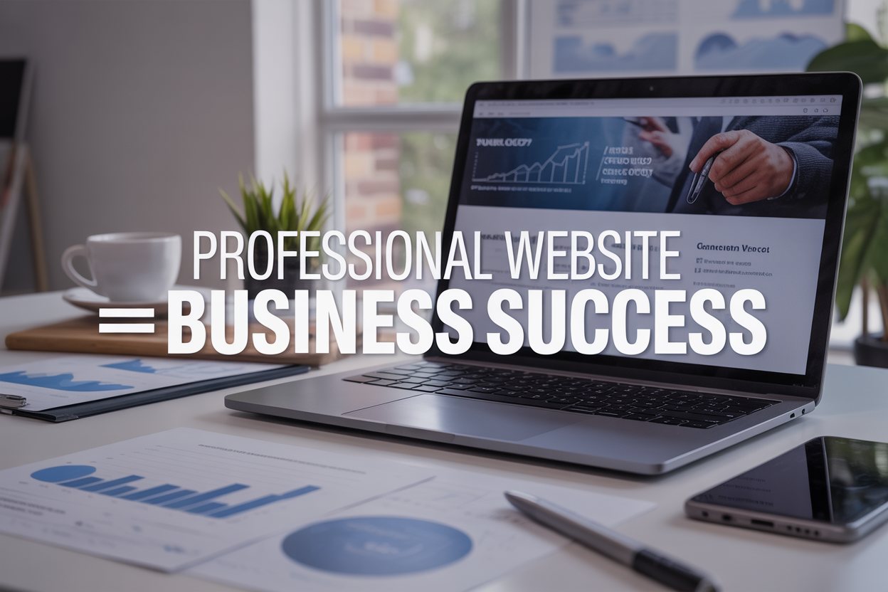 Create a realistic image of a modern office setting with a sleek laptop displaying a professional website interface on the screen, surrounded by business elements like charts showing upward growth trends, a smartphone, coffee cup, and documents, with a clean white desk surface, soft natural lighting from a window, and the text "Professional Website = Business Success" prominently displayed in modern typography overlaying the scene.