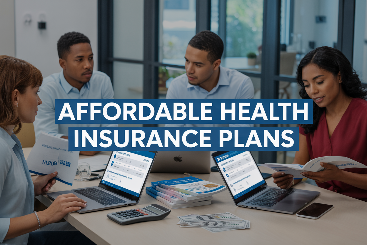 Create a realistic image of a diverse group of people including a white female, black male, and Hispanic female sitting around a modern conference table reviewing health insurance documents and brochures, with laptops open showing healthcare.gov website, stacks of insurance plan comparisons, a calculator, and dollar bills scattered on the table, bright office lighting with large windows in background, professional yet approachable atmosphere, with bold text overlay reading "AFFORDABLE HEALTH INSURANCE PLANS" in blue and white colors.