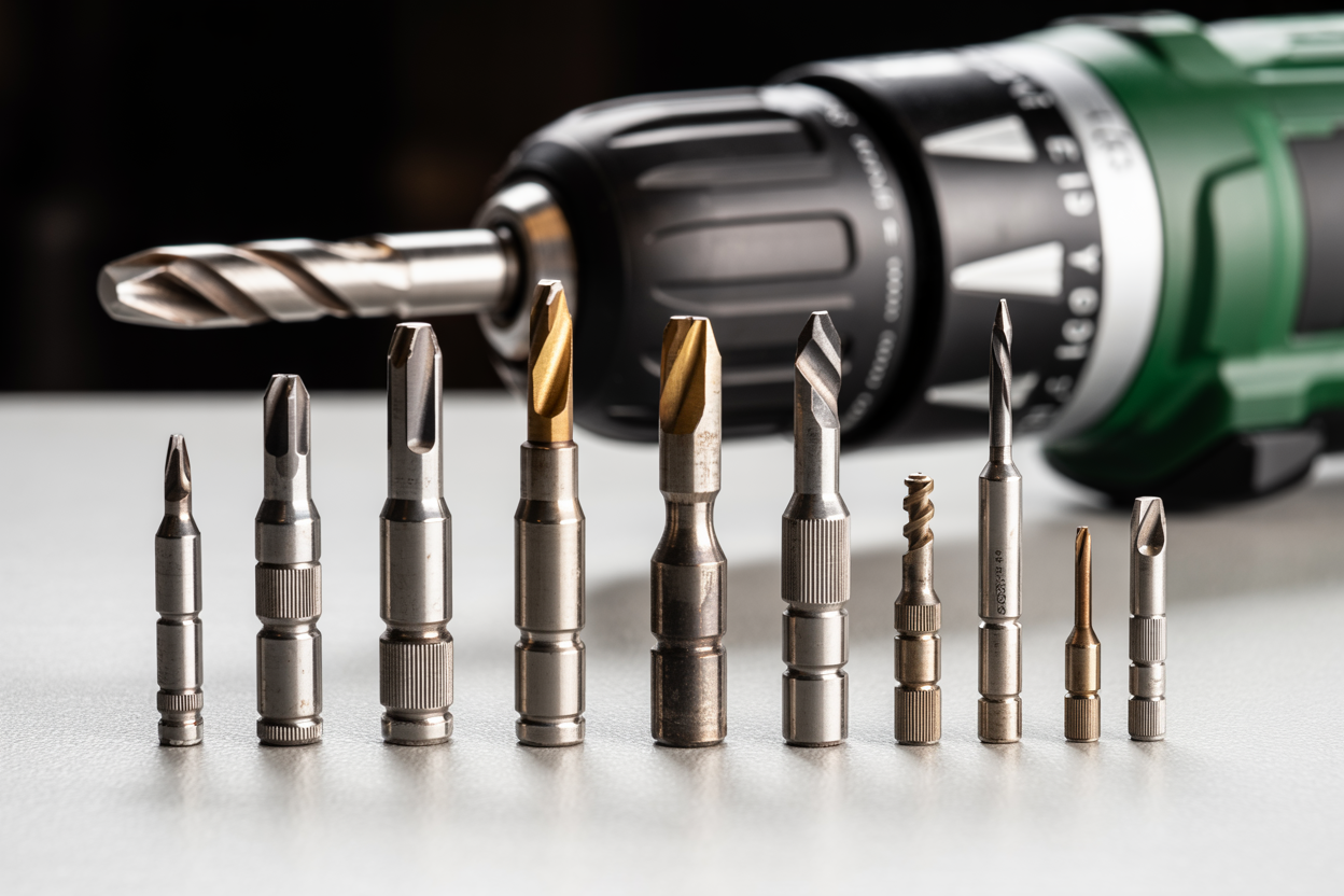 Create a realistic image of various high-quality screwdriver bits designed for cordless drills displayed on a clean white workbench, showing different types including Phillips head, flathead, Torx, and hex bits with visible material construction details like hardened steel surfaces and precision-machined tips, alongside a modern cordless drill partially visible in the frame, with focused studio lighting highlighting the metallic surfaces and engineering precision of the bits, creating a professional workshop atmosphere. Absolutely NO text should be in the scene.