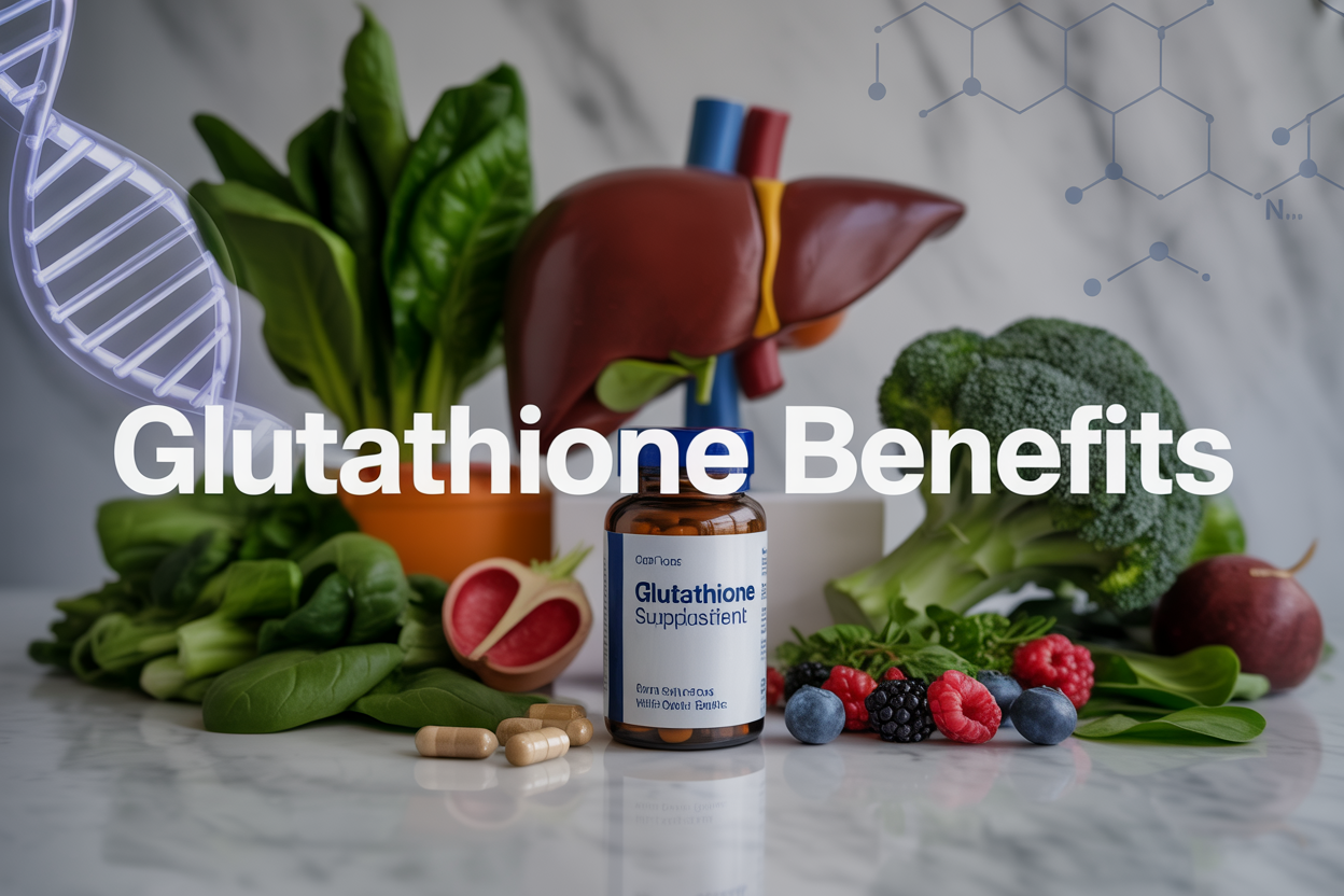 Create a realistic image of a vibrant health and wellness composition featuring a glass bottle of glutathione supplement pills on a clean white marble surface, surrounded by fresh green leafy vegetables like spinach and broccoli, colorful antioxidant-rich berries, a liver anatomical model, and subtle DNA helix graphics in the background, with soft natural lighting creating a clean medical-wellness atmosphere, and the text "GLUTATHIONE BENEFITS" prominently displayed in modern sans-serif font overlaying the image.
