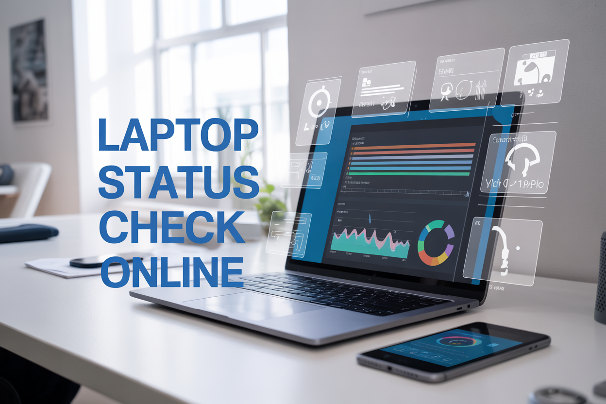 Create a realistic image of a modern laptop computer open on a clean white desk with its screen displaying colorful diagnostic charts and system status graphs, surrounded by floating digital interface elements showing health check icons, performance meters, and status indicators, with a smartphone nearby showing a laptop monitoring app, soft natural lighting from a window, and the text "Laptop Status Check Online" prominently displayed in modern blue typography overlaying the scene.