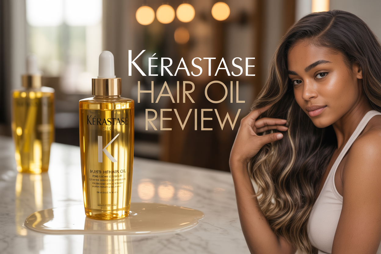 Create a realistic image of a luxurious Kerastase hair oil bottle prominently displayed on a clean white marble surface with soft golden lighting, featuring a beautiful black woman with long, glossy, healthy-looking hair gently touching her hair strands, surrounded by subtle golden oil droplets and warm bokeh effects in the background, with elegant text overlay reading "Kerastase Hair Oil Review" in sophisticated gold lettering.