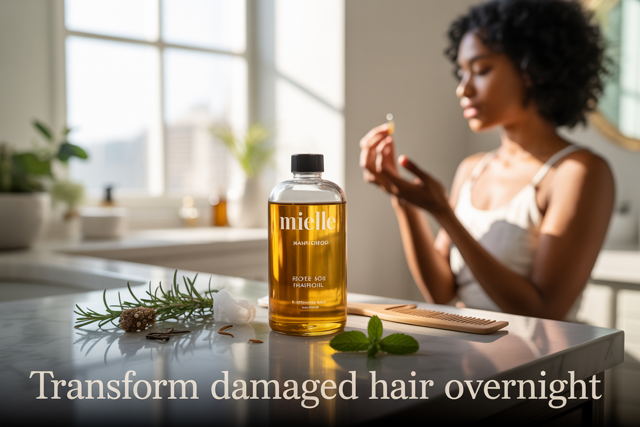 Create a realistic image of a glass bottle of Mielle hair oil with golden amber liquid inside, positioned on a marble bathroom countertop next to a wooden comb and scattered natural ingredients like rosemary sprigs and mint leaves, with soft morning light streaming through a window creating gentle shadows, and a black woman with curly hair gently applying oil to the ends of her hair in the background, with the text "Transform Damaged Hair Overnight" elegantly overlaid in gold lettering at the bottom of the image.