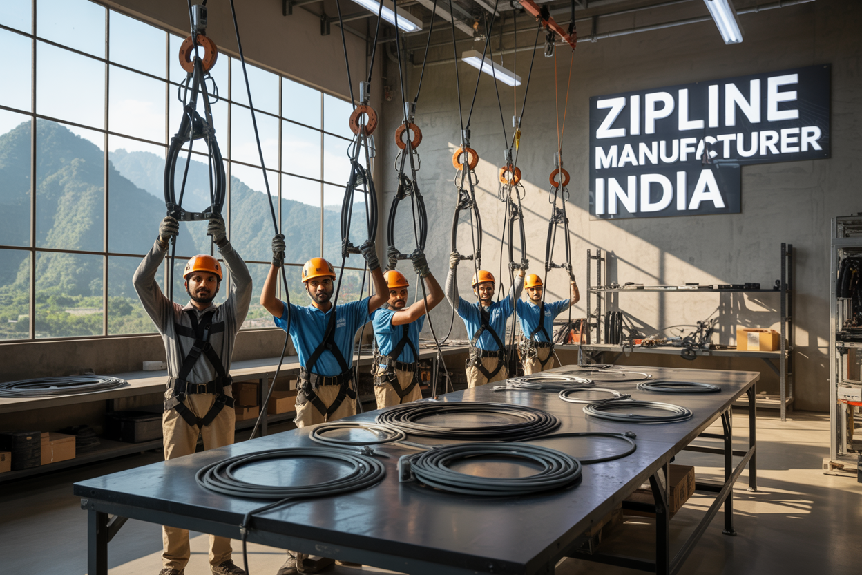 Create a realistic image of a modern zipline manufacturing facility in India with zipline equipment and cables being assembled by Indian male and female workers wearing safety gear, showcasing advanced zipline harnesses and pulley systems on workbenches, with a backdrop of lush green mountains visible through large industrial windows, bright natural lighting illuminating the workspace, and the text "ZIPLINE MANUFACTURER INDIA" prominently displayed on a metallic sign on the wall.