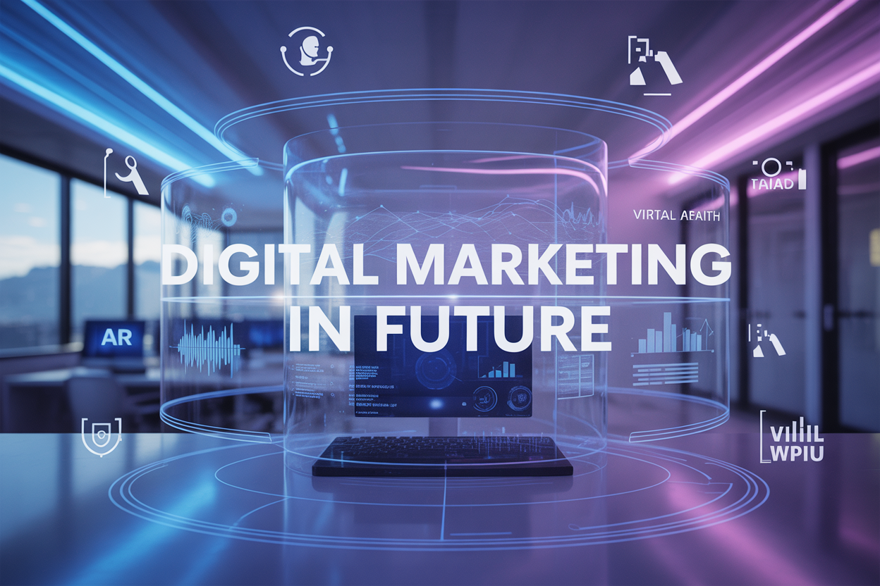 Create a realistic image of a modern professional workspace featuring a sleek computer monitor displaying colorful data analytics dashboards and AI interface elements, with floating holographic icons representing marketing tools like graphs, customer profiles,  and campaign metrics, digital marketing in future  set against a clean office background with soft blue lighting, and include the text "digital marketing in future" prominently displayed in the upper portion of the image in modern sans-serif font. digital marketing in future 
