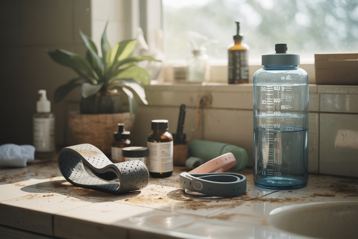 Create a realistic image of a cluttered bathroom counter with abandoned wellness items including a dusty exercise resistance band, unopened vitamin bottles, a wilted plant, an unused water bottle with measurement marks, and a forgotten fitness tracker still in its box, all covered with a thin layer of dust, with soft natural lighting coming through a window creating a melancholic atmosphere that conveys the concept of failed wellness attempts, absolutely NO text should be in the scene.